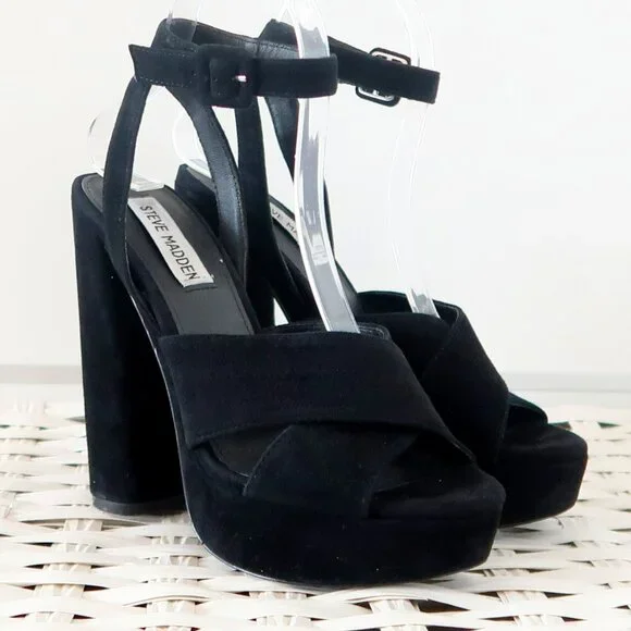 Steve Madden Jodi Black Suede Leather Platform Ankle Strap High Heel Sandals 7 - Picture 8 of 14